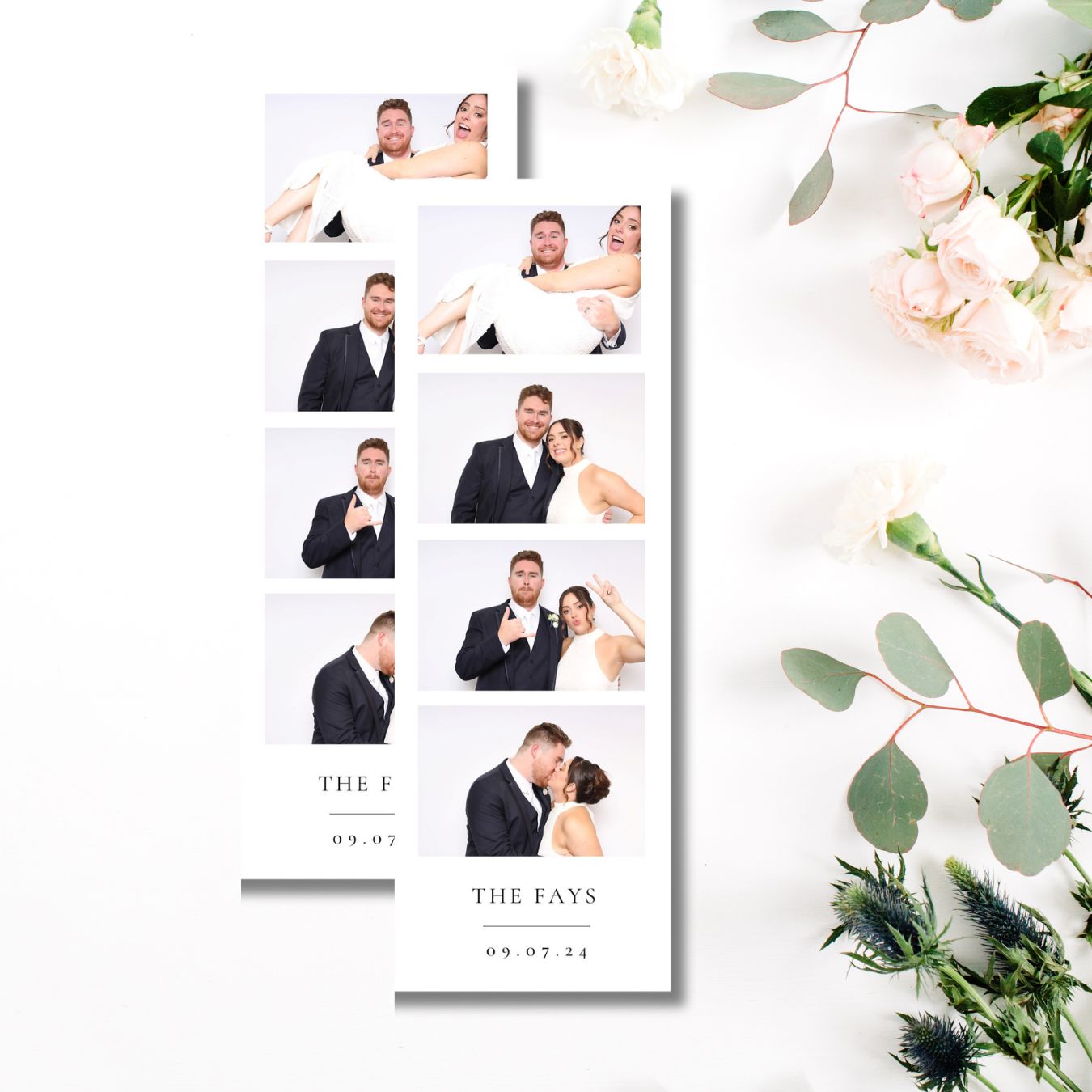 Custom wedding photo strip prints with couple portraits and wedding date — The Fays 09.07.24